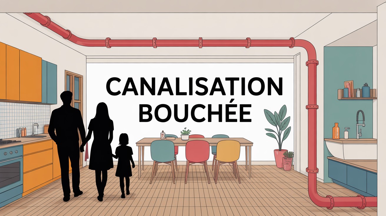 illustration canalisation bouchee maison moderne coupe famille apaisee