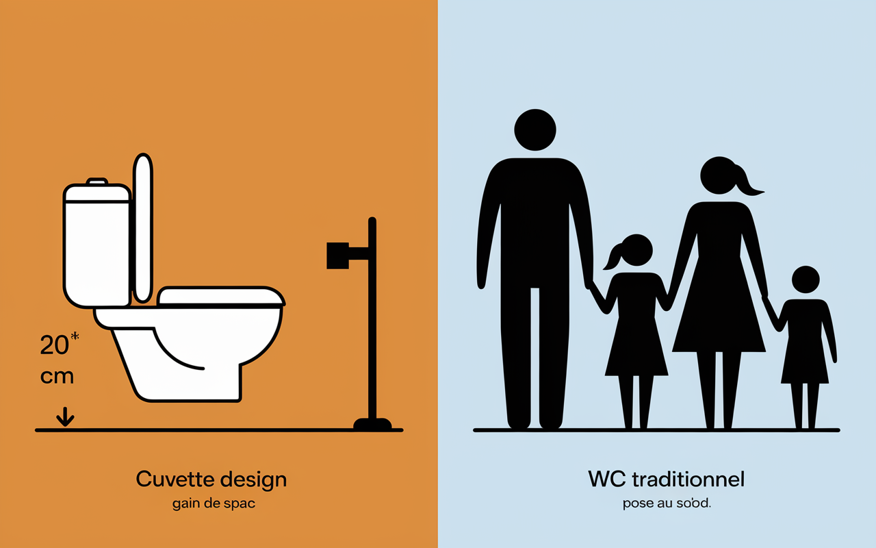 Comparaison WC suspendu et WC classique avec gain d'espace 20 cm