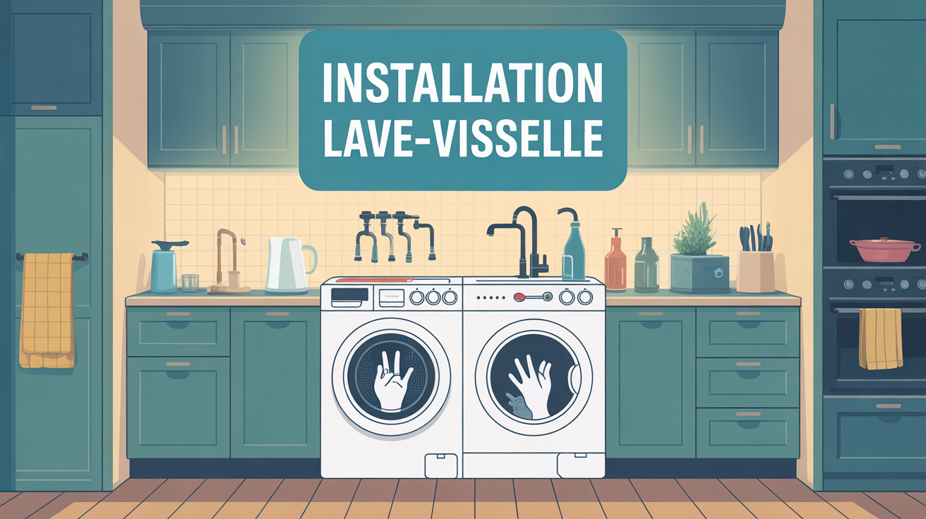 Vue installation lave vaisselle avec outils dans cuisine lumineuse