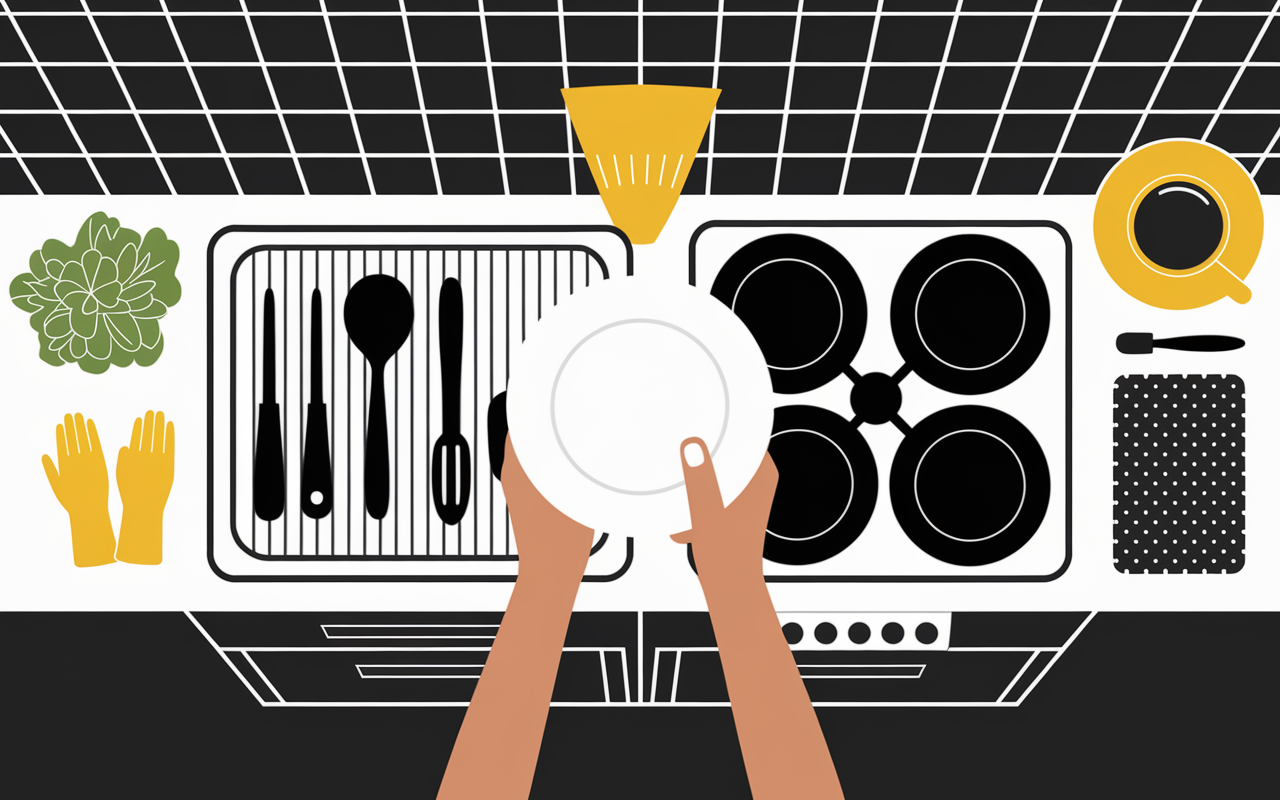 Plan cuisine avec lave vaisselle et outils securite