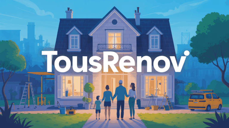 Famille devant maison rénovée TousRenov, aides travaux, ambiance rassurante