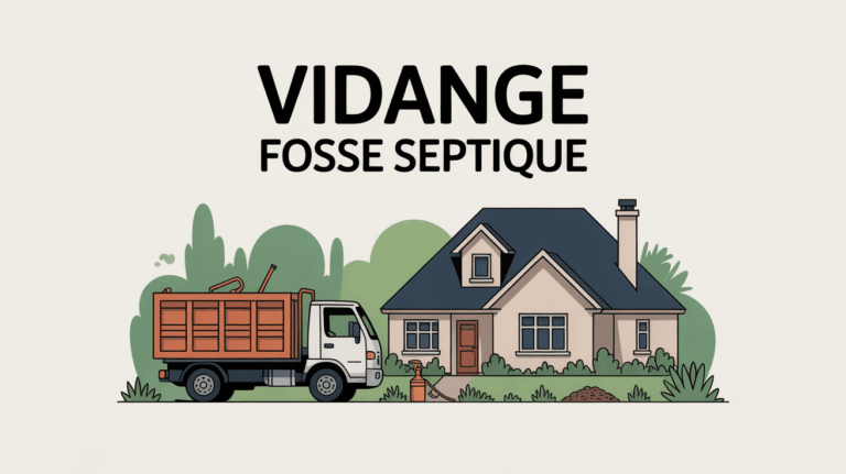 Illustration vidange fosse septique avec camion devant maison