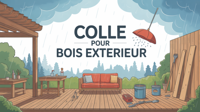 Illustration colle bois extérieur, terrasse et meubles sous pluie