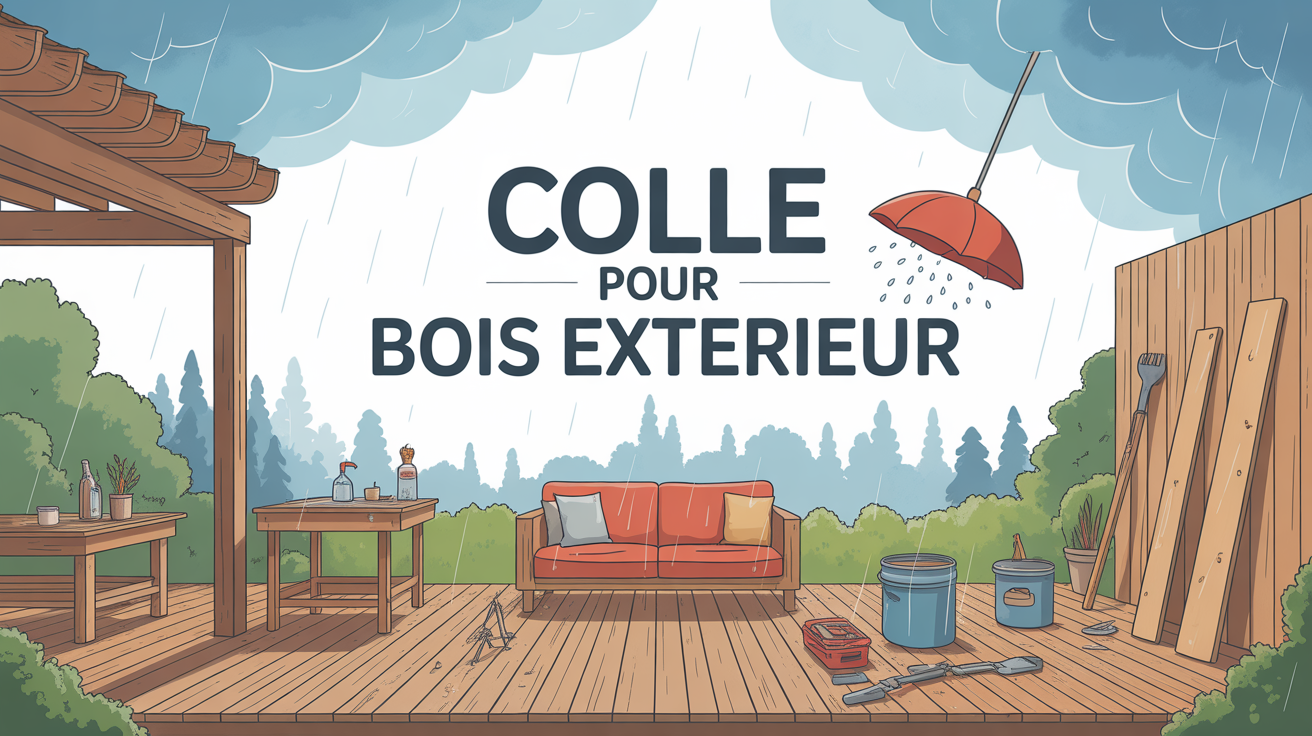 Illustration colle bois extérieur, terrasse et meubles sous pluie