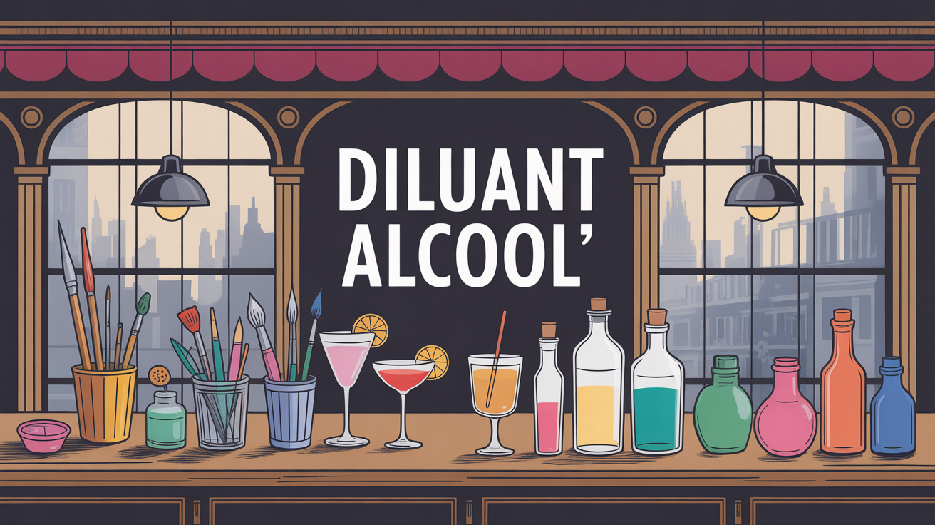 Illustration atelier et bar sur Paris avec outils et diluants alcool
