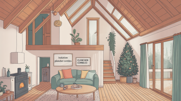 Vue coupe isolation plancher combles maison hiver