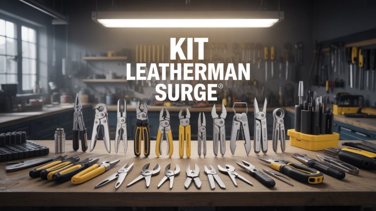 Kit Leatherman Surge outils multifonction sur table atelier