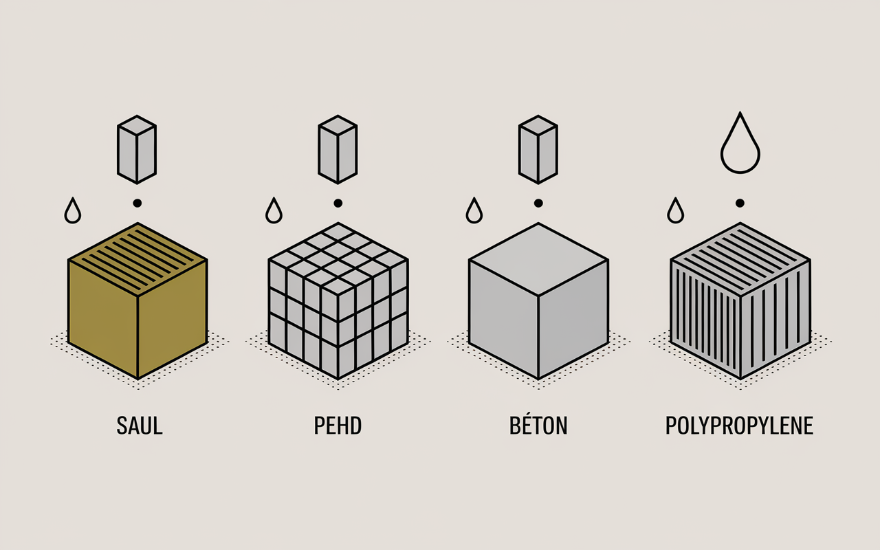 Comparatif visuel materiaux bassins retention enterres SAUL PEHD Beton Polypropylene