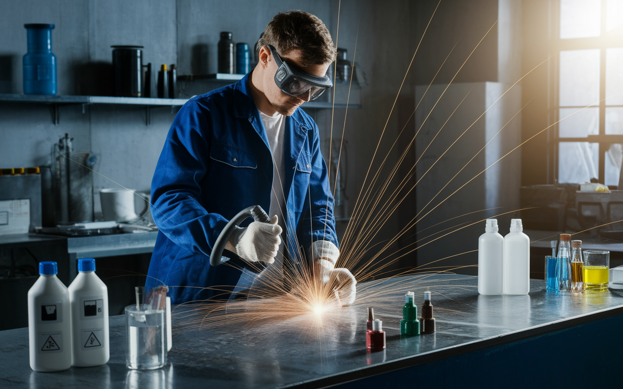 Technicien utilisant ultrasons et glace sèche pour nettoyage moules