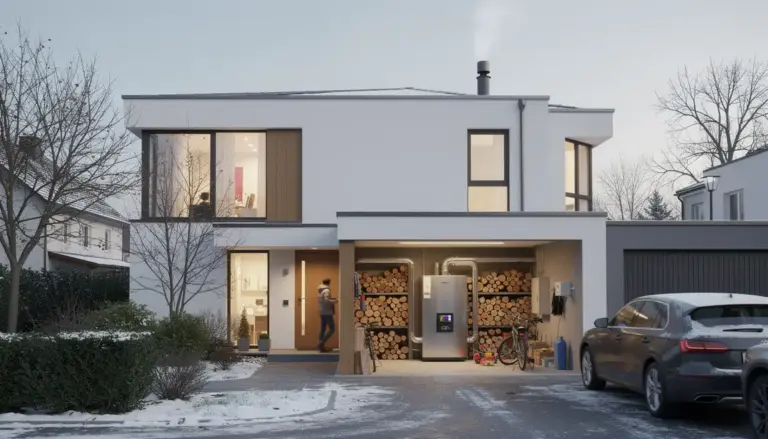 Maison moderne avec chaudière biomasse et stockage bois