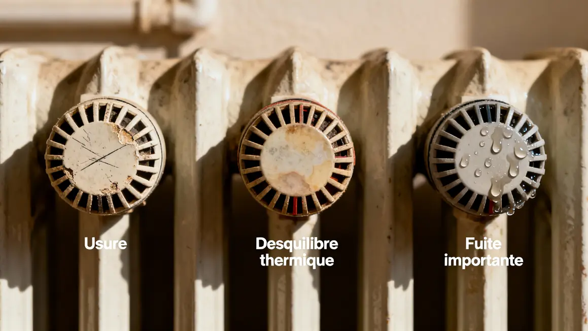 Trois robinets radiateur illustrant usure fuite thermique