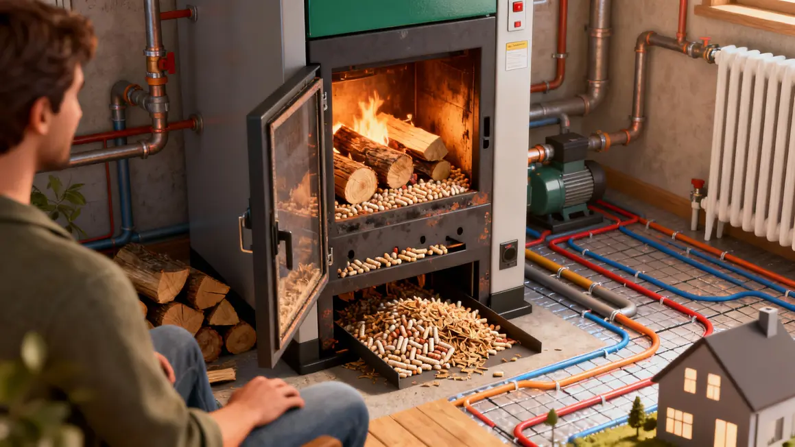 Schéma chaudière biomasse avec combustibles et réseau chauffage