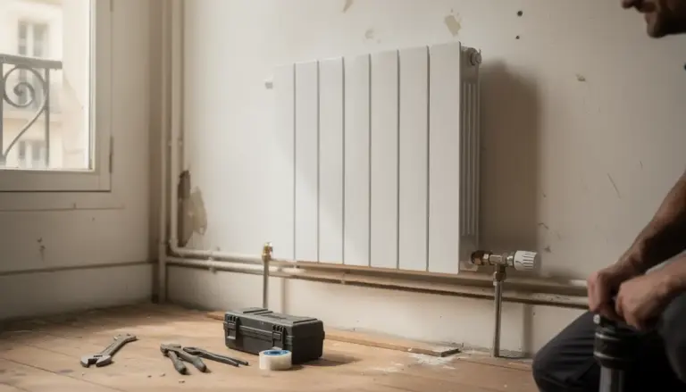 Radiateur moderne avec robinet thermostatique neuf et outils à Paris