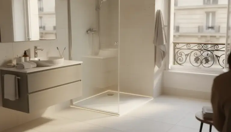 Salle de bain moderne Paris avec joint de douche visible