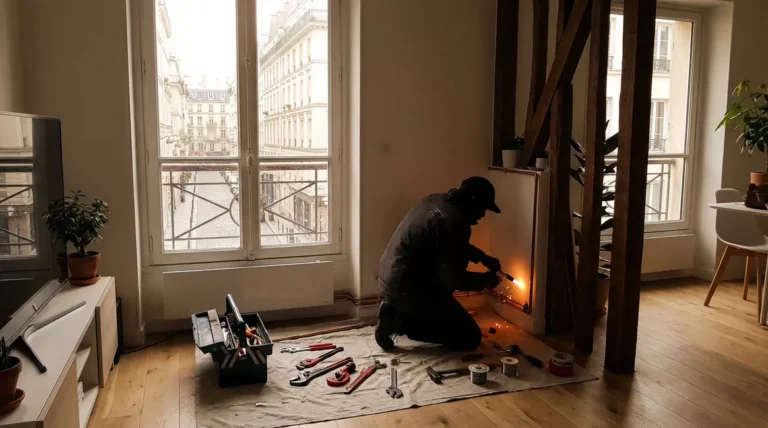 Plombier soudant des tuyaux dans un appartement parisien moderne