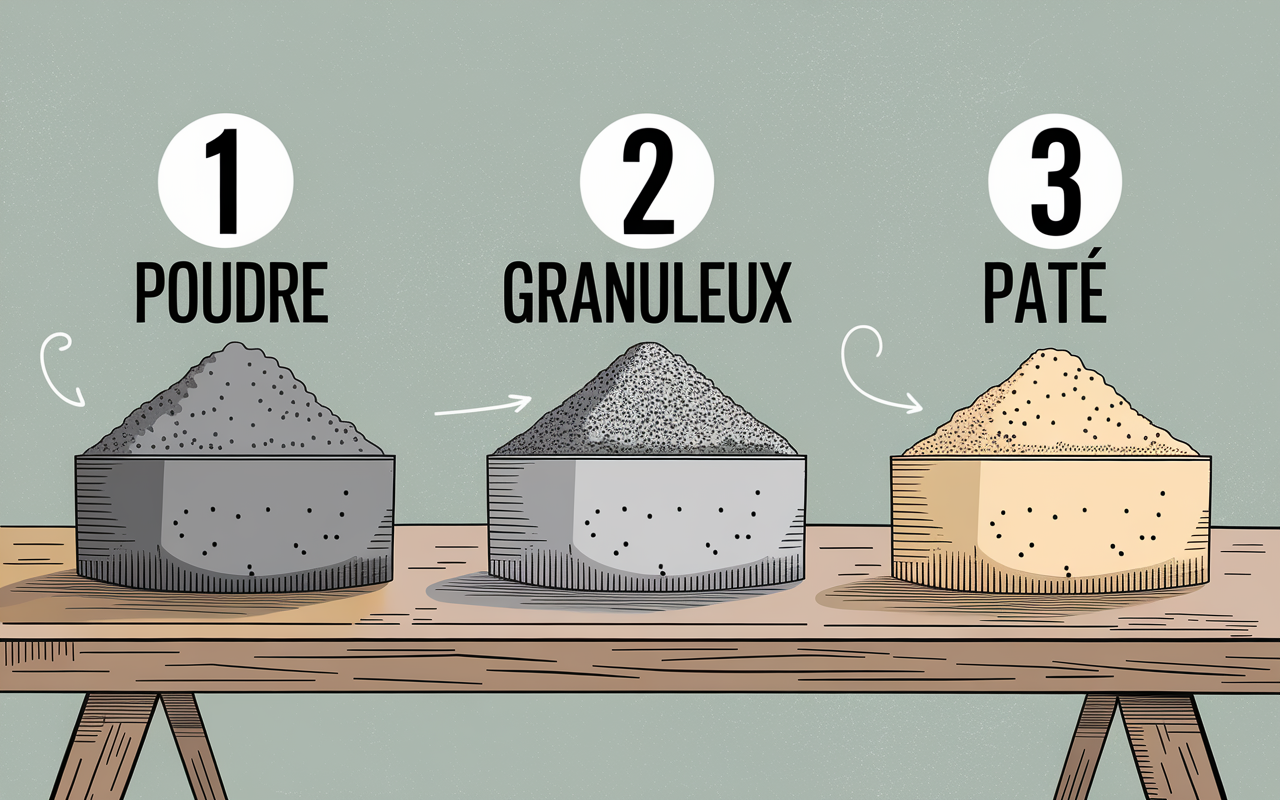 Différence entre ciment et béton trois tas illustrés