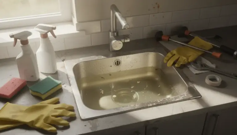 Evier bouché cuisine eau stagnante et outils plomberie