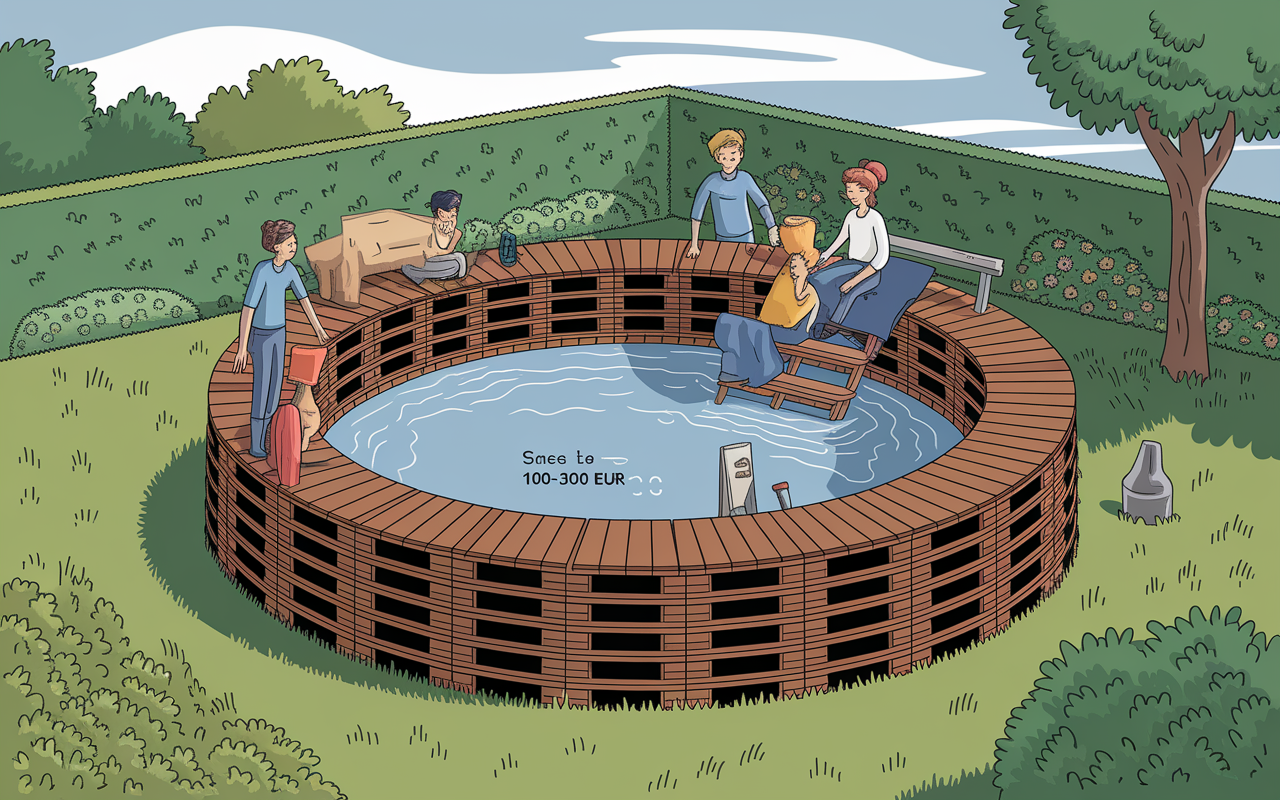 Piscine sur palette assemblée en famille