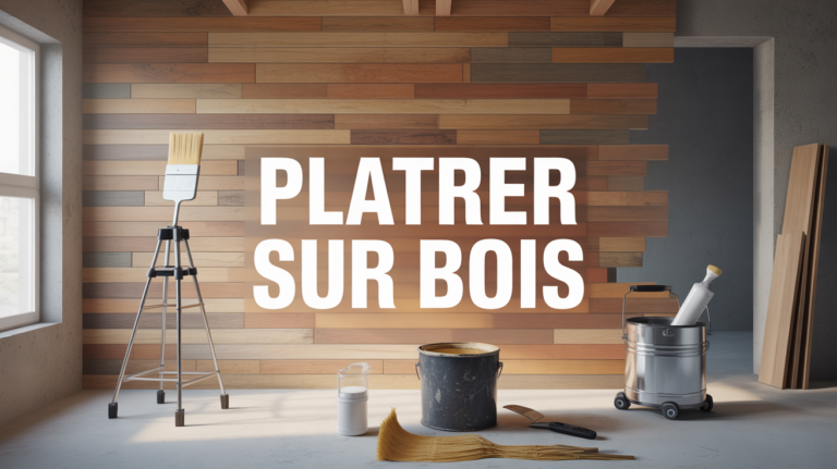 Platre sur bois vue mur chantier outils