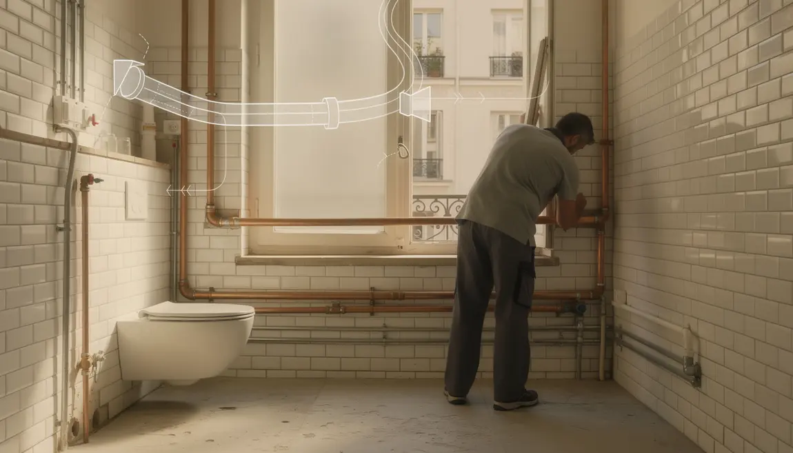 Salle de bain parisienne WC moderne et tuyauterie décompression