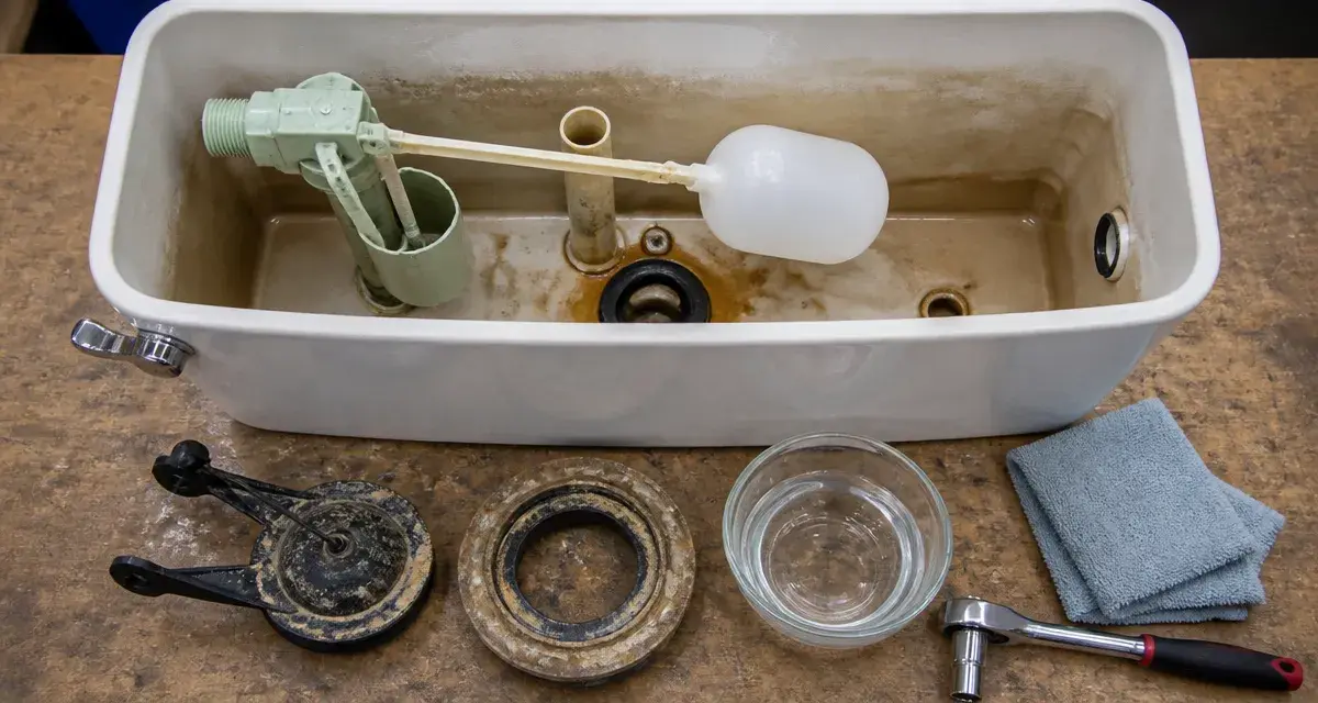 Chasse d’eau qui coule, mécanisme WC et vinaigre pour stopper la fuite