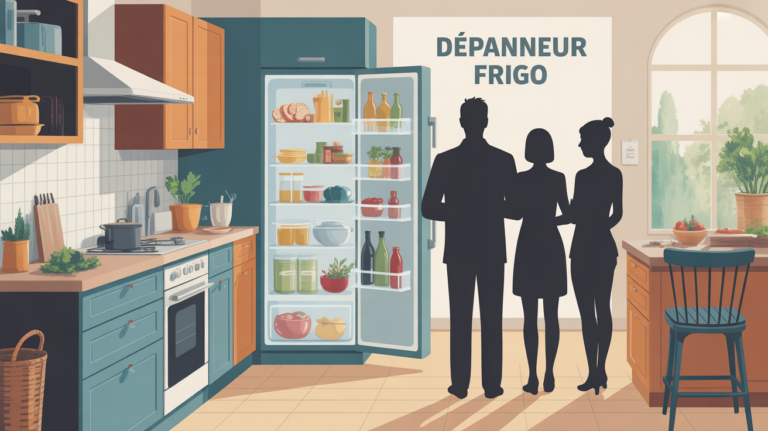 depanneur frigo avec frigo ouvert et famille