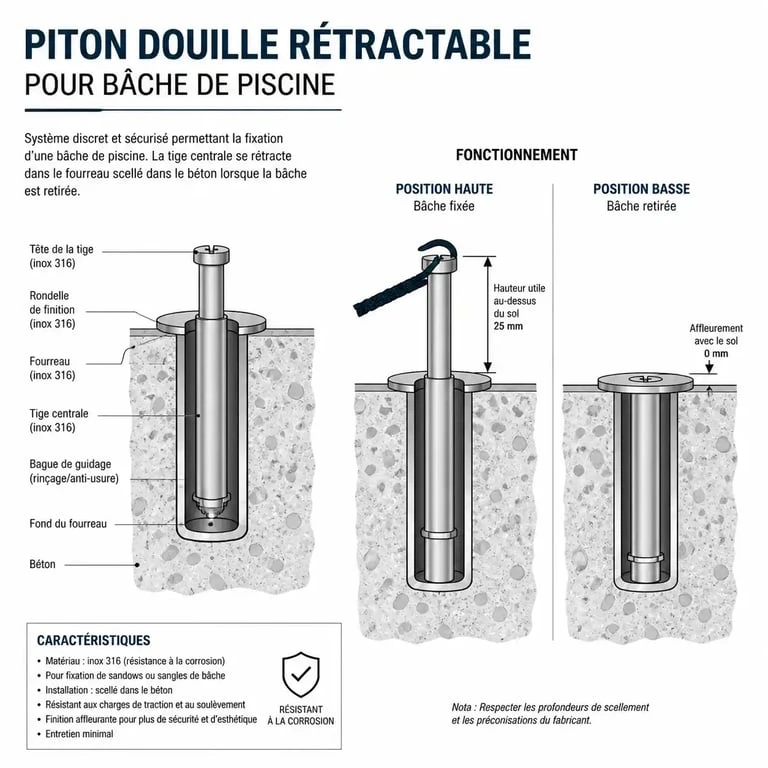 Schéma de fonctionnement d'un piton douille rétractable pour bâche de piscine