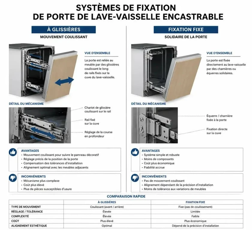 Schéma comparatif des systèmes de fixation pour porte de lave-vaisselle encastrable : glissières vs fixe