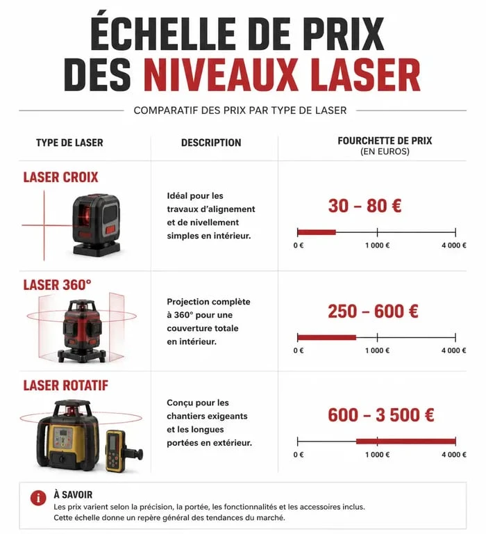Infographie comparative des prix des niveaux laser selon les usages et technologies