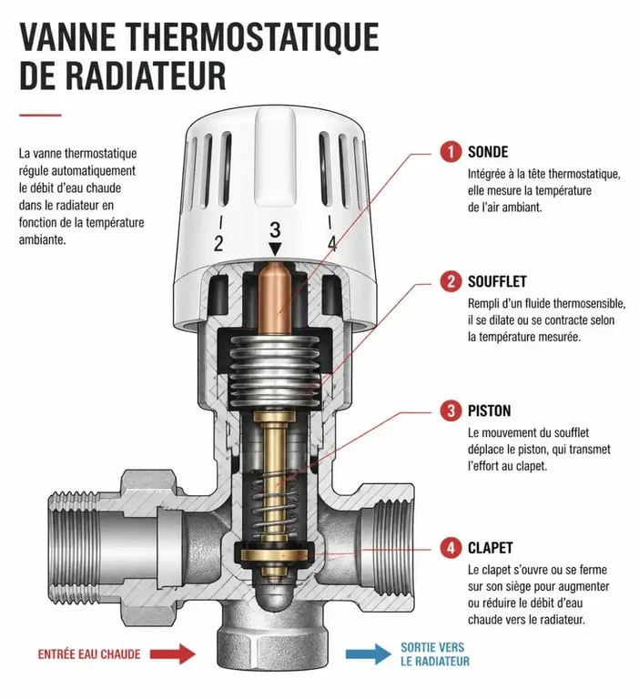 Schéma du fonctionnement d'une vanne thermostatique de radiateur
