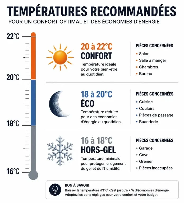 Infographie des réglages de température pour radiateur électrique par pièce