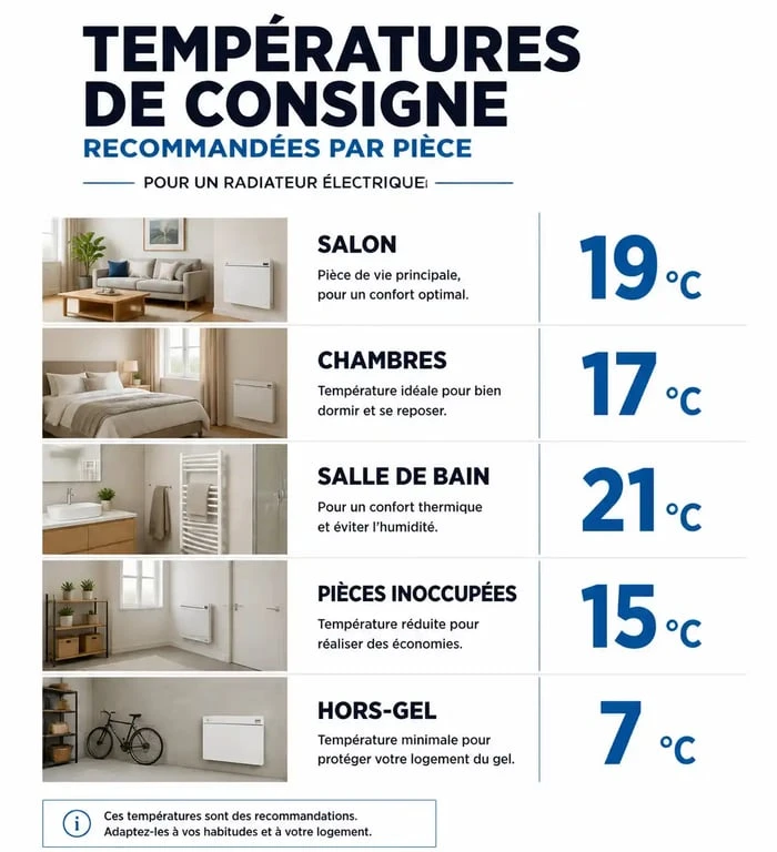Infographie des températures recommandées pour le réglage de vos radiateurs électriques Atlantic