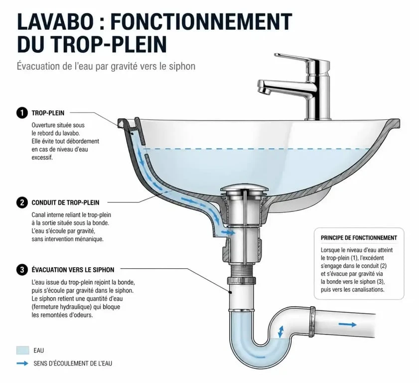 Schéma technique du fonctionnement d'un trop-plein de lavabo pour éviter le débordement