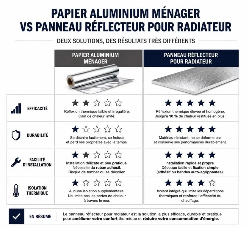 Comparaison entre papier aluminium ménager et panneau réflecteur pour radiateur