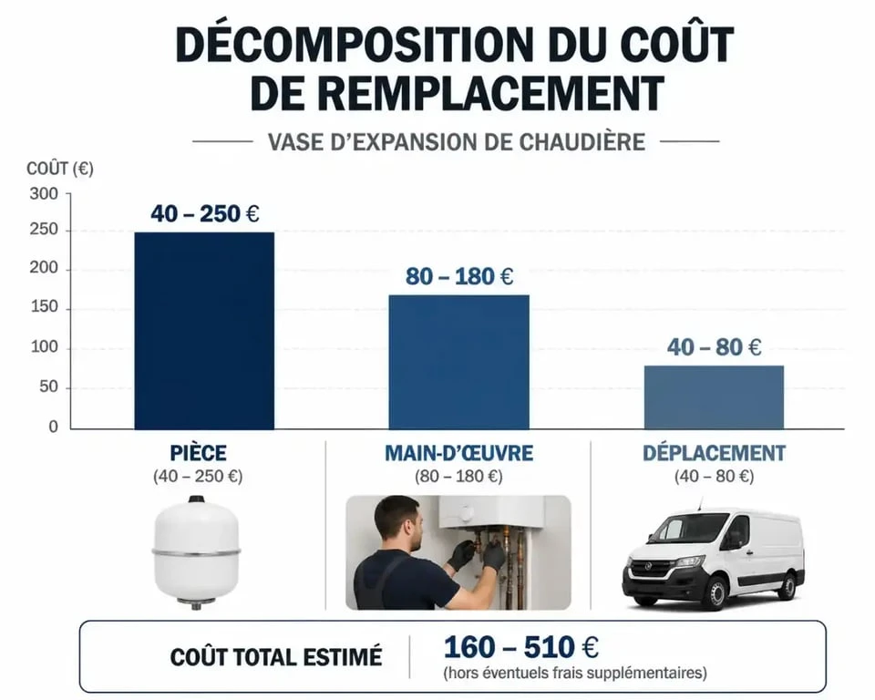 Infographie du tarif de changement d'un vase d'expansion de chaudière : décomposition des coûts entre pièce, main-d'œuvre et déplacement.