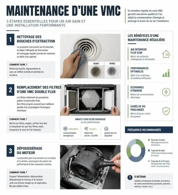 Infographie des étapes de maintenance VMC pour un air intérieur sain