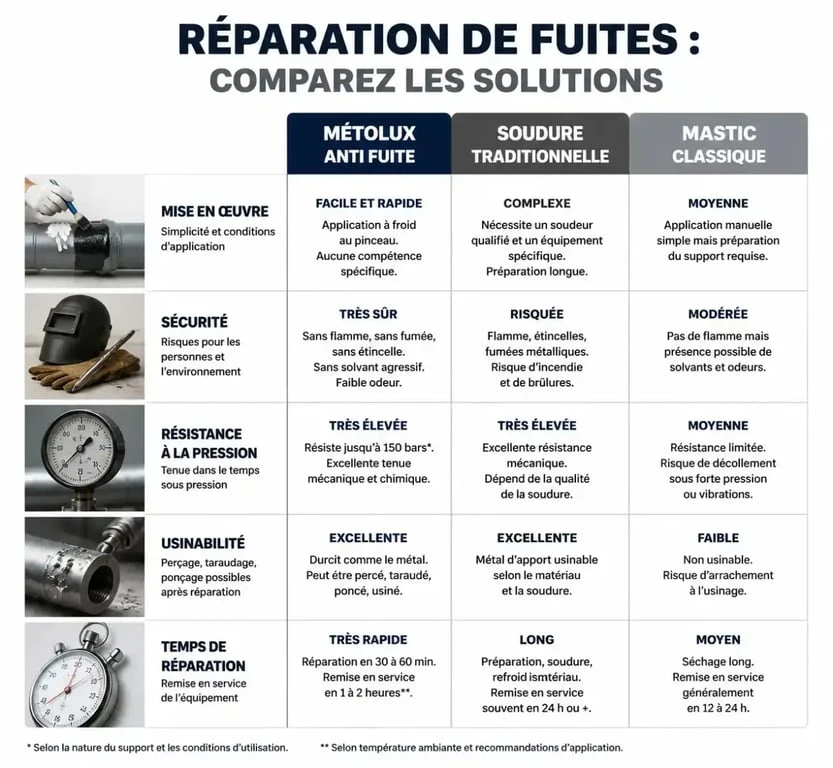 Comparatif technique entre le Métolux anti fuite, la soudure traditionnelle et les mastics classiques pour la réparation de fuites.