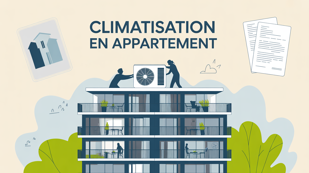 installation climatisation appartement immeuble moderne silhouettes documents