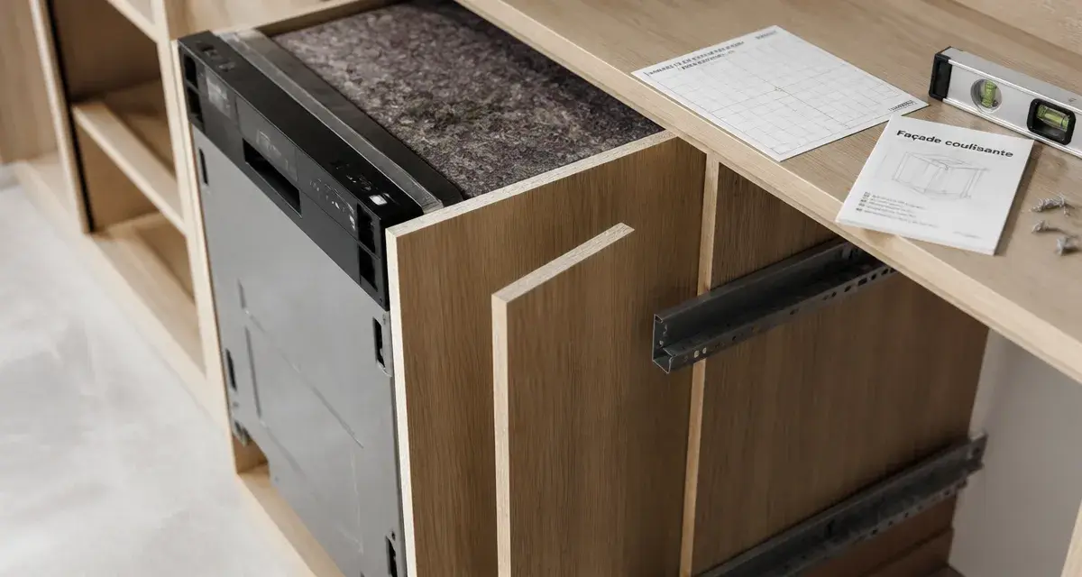 Installation porte lave vaisselle encastrable : façade coulissante à aligner, rails et niveau à bulle
