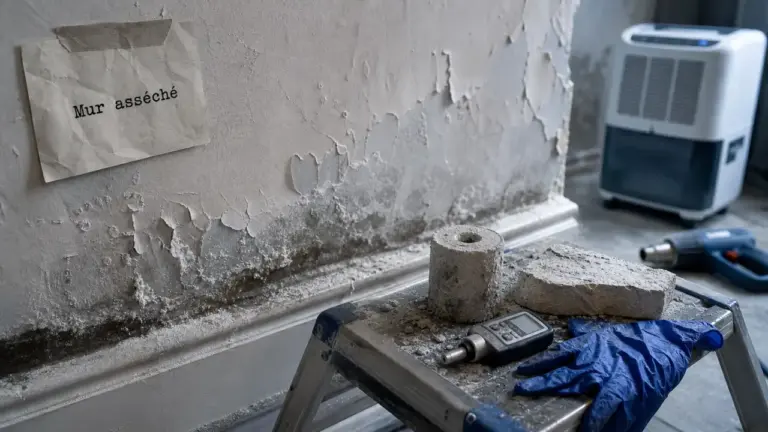 Assèchement des murs : salpêtre et traces d’humidité visibles sur un mur intérieur