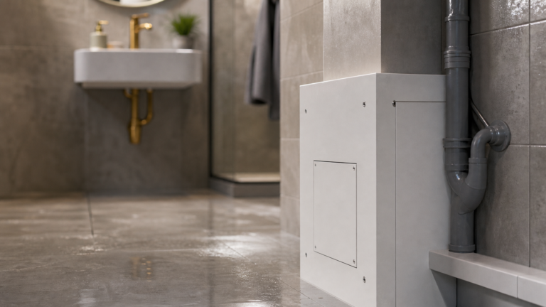 Coffrage pour cacher des tuyaux dans une salle de bain, trappe d’accès plomberie