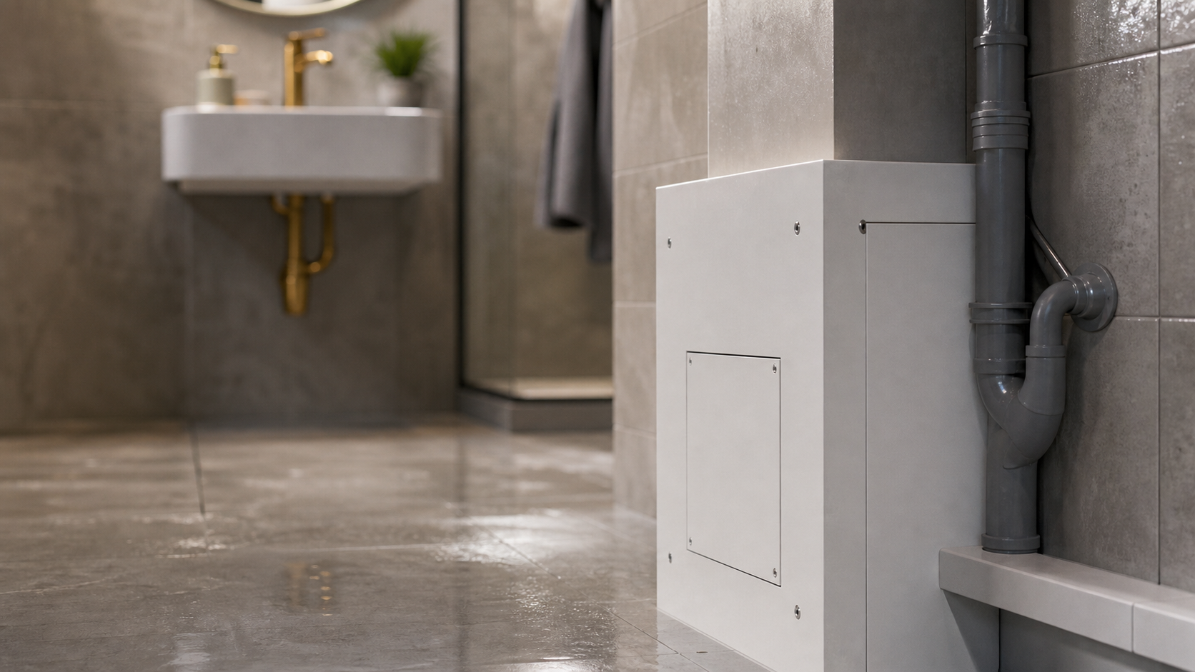Coffrage pour cacher des tuyaux dans une salle de bain, trappe d’accès plomberie
