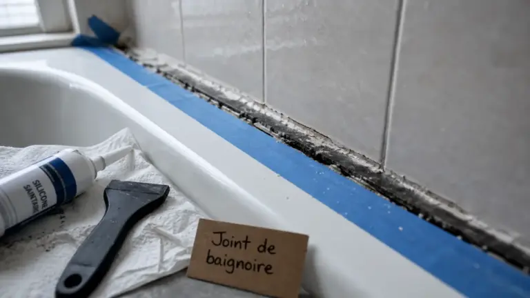 Changer joints baignoire : joint silicone fissuré et moisissure avant remplacement