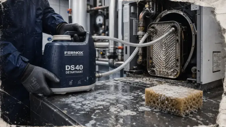 Detartrer une chaudiere : technicien et pompe de détartrage avec dépôts de calcaire