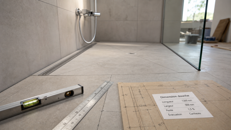 Dimension douche italienne : 10 à 12 cm sous sol, receveur affleurant