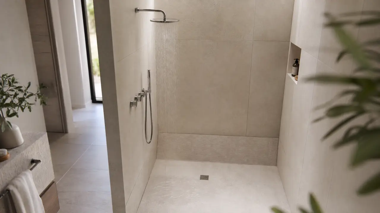 Douche sans paroi dans salle de bains lumineuse
