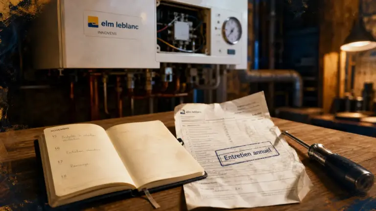 e.l.m. leblanc entretien annuel : carnet de rendez-vous, tournevis et chaudière murale en atelier