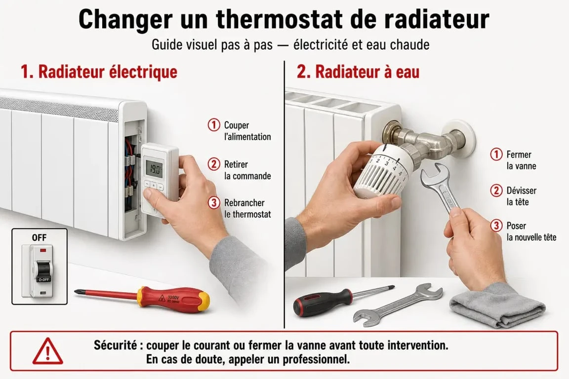 Changer thermostat radiateur : illustration des étapes pour radiateur électrique et radiateur à eau