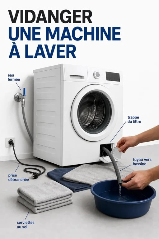 Vidanger machine à laver avec une illustration des étapes de sécurité, du filtre et du tuyau de vidange