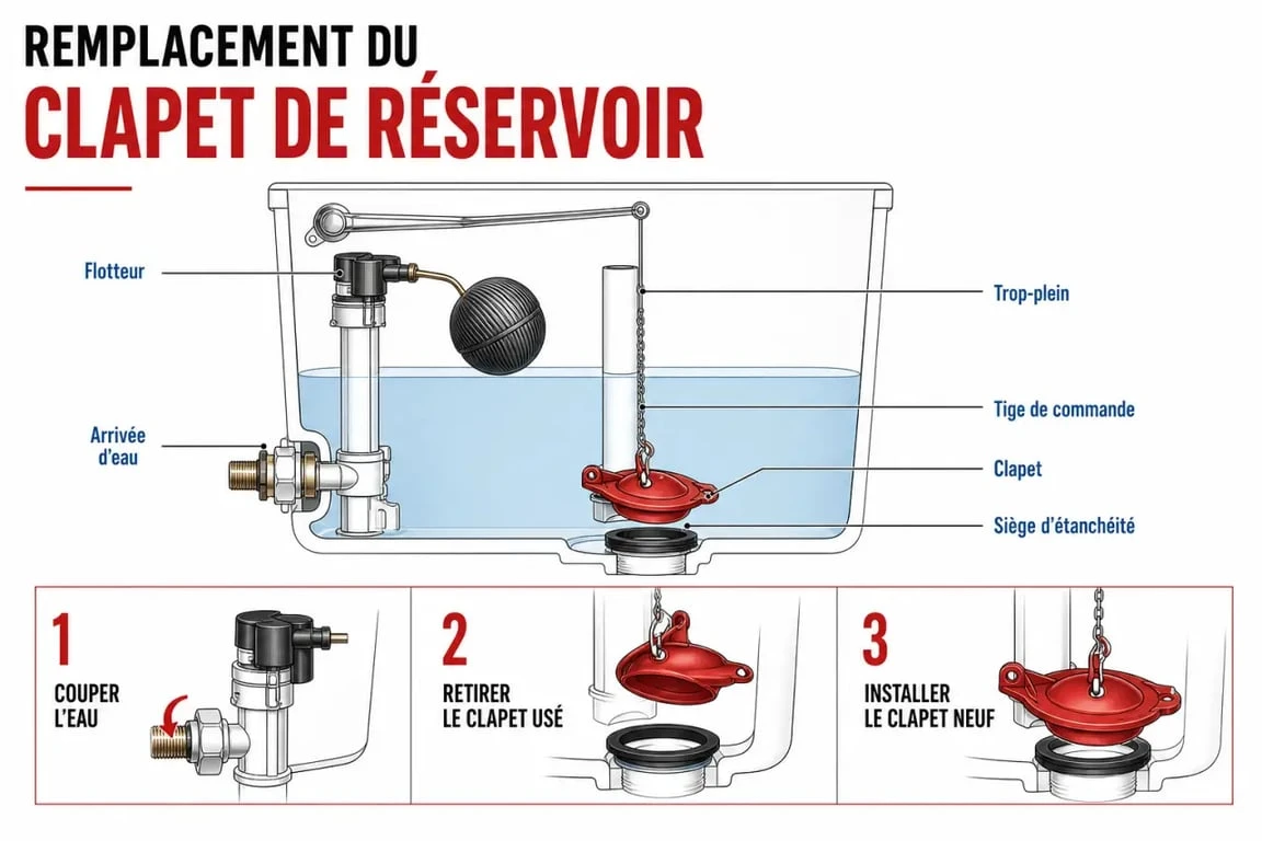 Schéma du clapet chasse d’eau dans un réservoir WC avec étapes de remplacement